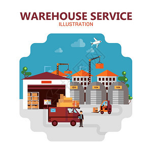 仓库服务插图仓库服务海报与货物装运场景矢量插图图片