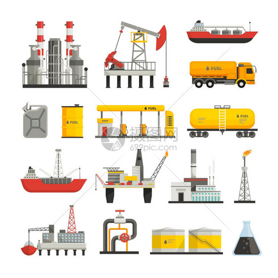 石油汽油行业图标同运输结构工厂的石油石油工业平图标矢量插图图片