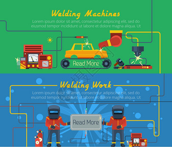 两个焊接水平横幅两个平水平矢量横幅,焊工工具焊机的插图背景图片