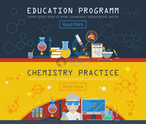 两个化学水平横幅化学水平横幅设备的教育计划化学实践平矢量插图图片