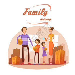 家庭卡通插图中移动家庭移动卡通与房间列表盒子矢量插图图片