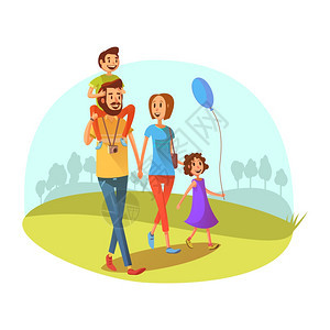 家庭周末插图家庭周末与父母孩子步行卡通矢量插图图片