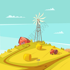 农业农业背景农业农业背景与风车拖拉机房干草堆矢量插图图片