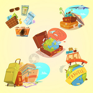 旅行卡通集旅行卡通集与行李运输符号黄色背景孤立矢量插图图片