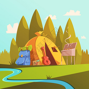 徒步旅行帐篷插图徒步旅行帐篷背景与河流森林烧烤卡通矢量插图图片