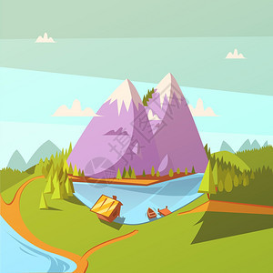 湖底徒步旅行徒步旅行湖卡通背景与森林船房屋矢量插图图片