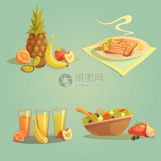 健康食品饮料卡通套装健康食品饮料卡通集与果汁沙拉孤立矢量插图图片