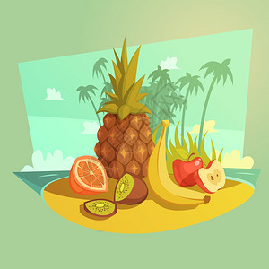 水果卡通水果海滩卡通与香蕉橙色苹果矢量插图图片