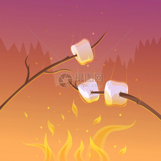 晚上背景烧烤烧烤徒步旅行夜间卡通背景与棍子火灾矢量插图图片
