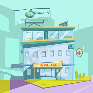 医院卡通背景医院建筑卡通背景与直升机草坪道路矢量插图图片