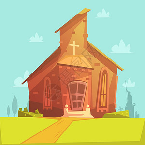 教堂卡通背景教堂旧建筑卡通背景与草坪树木矢量插图图片