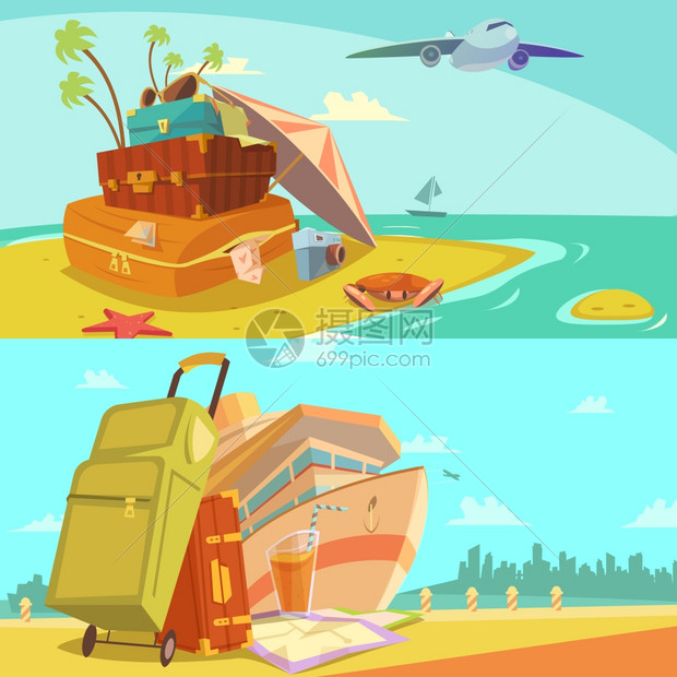 旅行横幅旅行水平横幅与航行海滩度假符号卡通孤立矢量插图图片