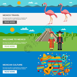 墨西哥横幅套墨西哥传统服装动物食物景观背景上水平横幅矢量插图图片