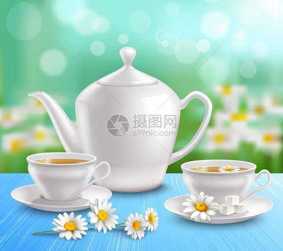 茶壶杯子的成茶壶杯子的成与糖茶托花的甘菊蓝色桌布矢量插图图片