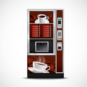 现实的咖啡自动售货机现实的咖啡自动售货机与杯碟烘焙谷物白色背景矢量插图图片