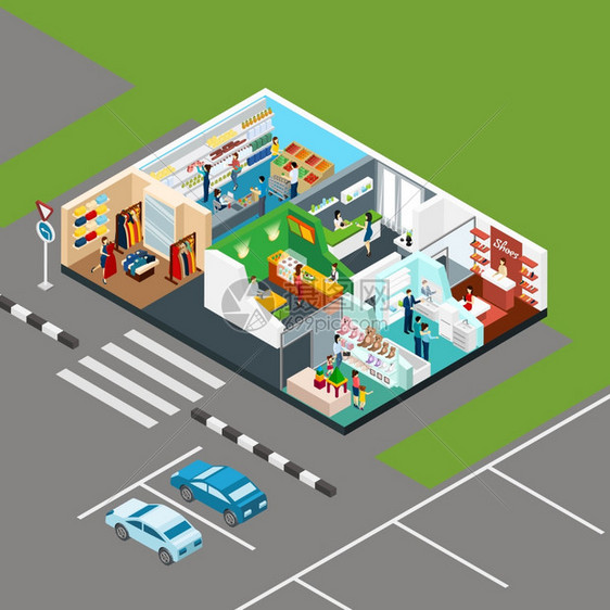 购物中心等距购物中心等距图标的方案,个商店购物中心与停车地点旁边的矢量插图图片