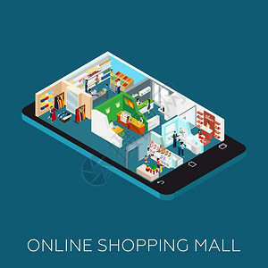 网上购物中心等距图标线购物中心等距图标放置智能手机形状的基础矢量插图图片