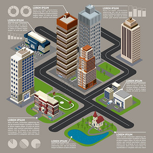 等距城市信息等距城市信息与建筑物,街道摩天大楼连接虚线与图表矢量插图背景图片