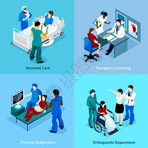 医生病人等距图标医生病人等距图标与描述新生儿护理治疗师咨询产前诊断骨科矢量插图图片