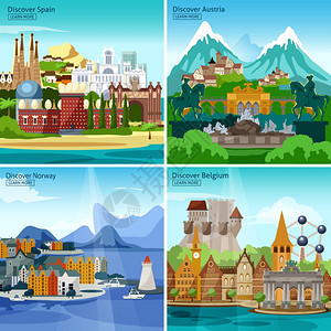 欧洲旅游图标集欧洲旅游图标历史纪念碑景观的西牙,奥地利,挪威比利时矢量插图图片