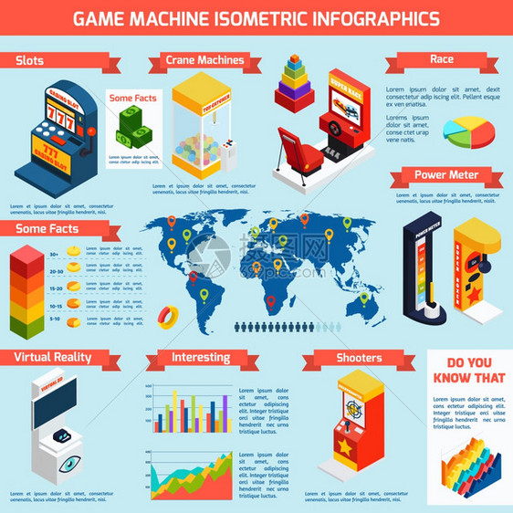 游戏游戏机等距信息横幅游戏老虎机等距信息图表横幅与世界分布统计趣的事实抽象矢量插图图片