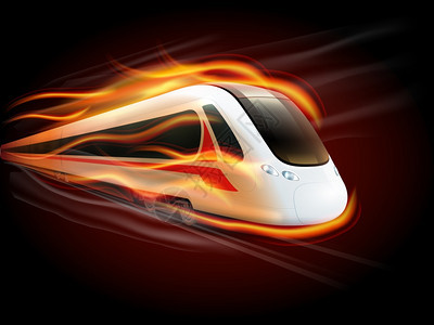 高速列车火黑背景夜间高速列车途中被火焰包裹,壮观的铁路图像海报打印矢量插图图片