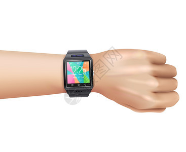 智能手表现实手智能手表小工具与彩色数字脸左手手腕现实图像矢量插图图片