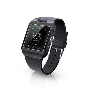 智能手表现实图像黑色智能手表可穿戴计算机,用于计时基本任务,手表逼真的黑色矢量插图图片