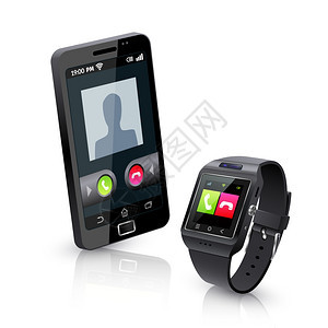 智能手表与手机现实的成黑色智能手表警报兼容智能手机来电现实象成与白色背景矢量插图图片