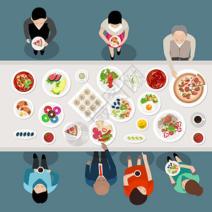 宴会餐饮派顶级景观宴会餐饮派顶部视图海报与人们选择吃的餐站桌子矢量插图图片