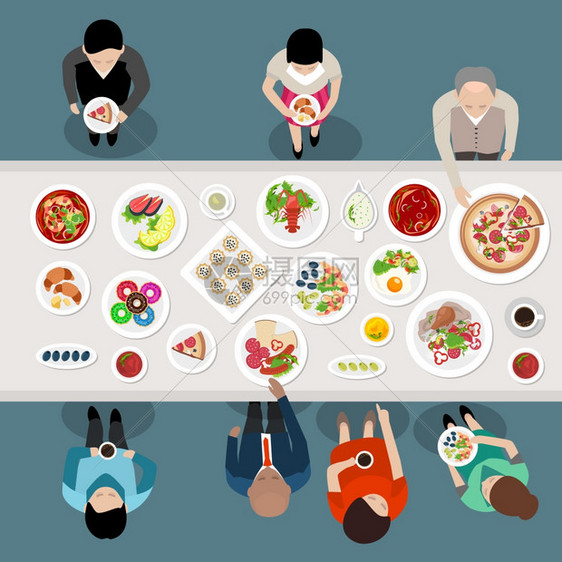 宴会餐饮派顶级景观宴会餐饮派顶部视图海报与人们选择吃的餐站桌子矢量插图图片