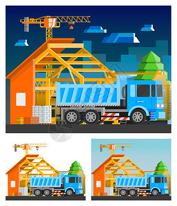 建筑构图集建筑正交合房屋卡车平隔离矢量图图片
