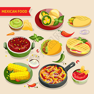 墨西哥食品套装墨西哥菜与传统墨西哥菜菜肴分离矢量插图图片