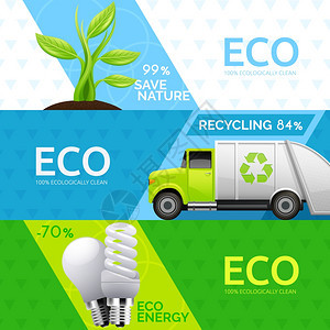 生态自然循环平横幅套生态绿色能源3平水平横幅废物回收抽象孤立矢量插图图片