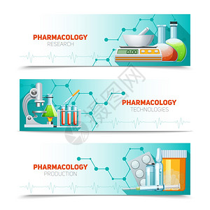 药理学3横横幅套药理学科研技术生产3个水平横幅分子结构抽象孤立插图载体图片