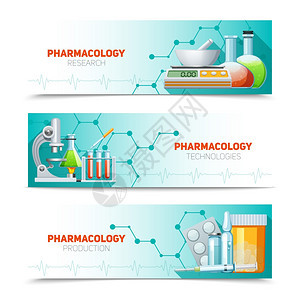 药理学3横横幅套药理学科研技术生产3个水平横幅分子结构抽象孤立插图载体背景图片
