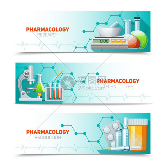 药理学3横横幅套药理学科研技术生产3个水平横幅分子结构抽象孤立插图载体图片