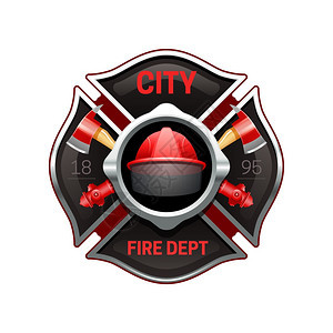 消防部门标志写实形象插图城市消防部门逼真的标志标志与交叉轴泵红色黑色矢量插图图片