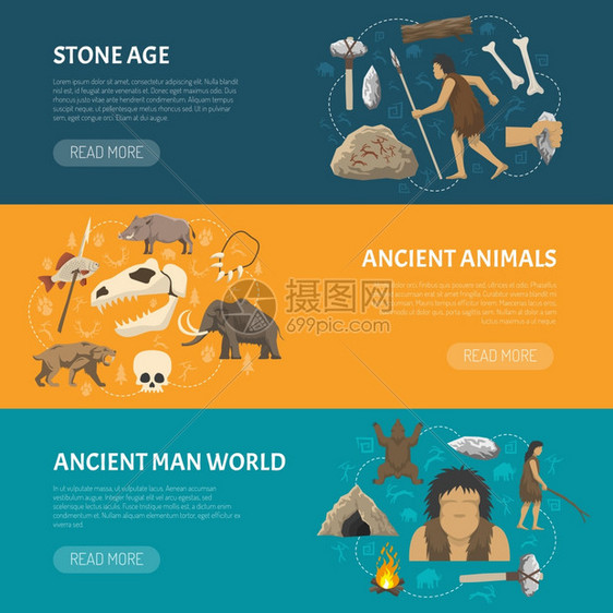石器时代的横幅关于史前石器时代生命古代人动物的水平横幅矢量插图图片