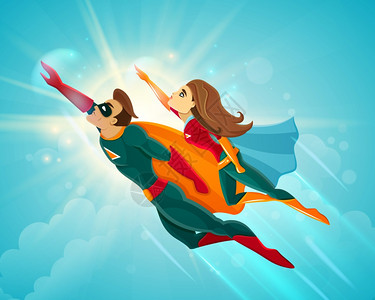 超级英雄夫妇飞翔超级英雄夫妇蓝天矢量插图中飞行图片素材