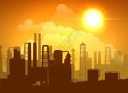 炼油厂海报炼油厂海报与塔管日出日落矢量插图背景图片