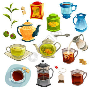 茶具的类型图标与各种茶叶酿造方法配件的茶叶隔离白色背景矢量插图图片