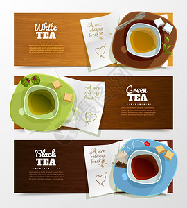 茶横幅套套三个水平的茶横幅与顶部观看帽子的茶托与可爱的情书下的矢量插图图片