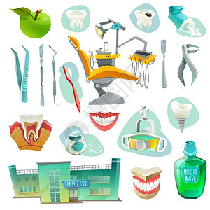牙科办公室装饰图标牙科办公室装饰图标与工作场所医疗器械象的健康牙齿隔离矢量插图图片