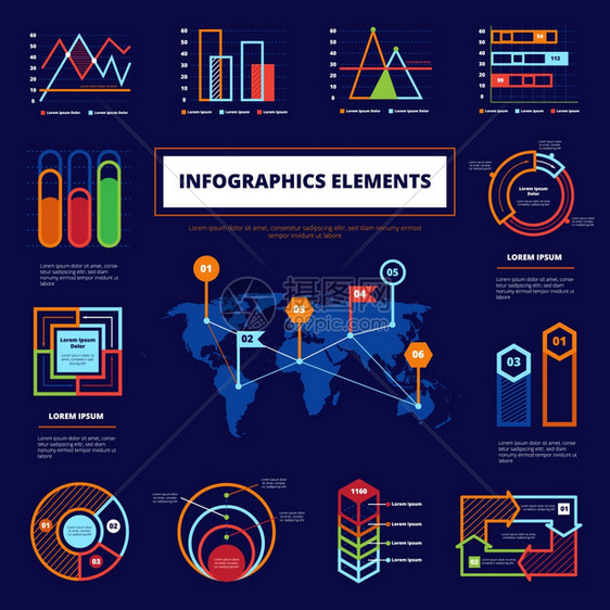 信息元素海报信息元素海报与世界中心同的图表周围的蓝色背景平矢量插图图片