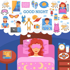 健康夜间睡眠提示平海报健康的长夜睡眠惯符号与床头柜桌子思想平海报抽象矢量插图图片