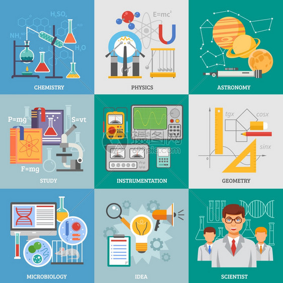 科学研究9平图标广场精确科学研究9个平图标成海报与化学物理天文学符号抽象孤立矢量插图图片