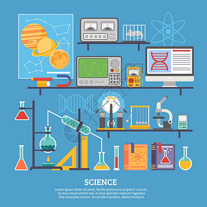 科学研究实验室平板横幅生物化学科研实验室平海报与显微镜化学反应试验控制小鼠矢量插图图片
