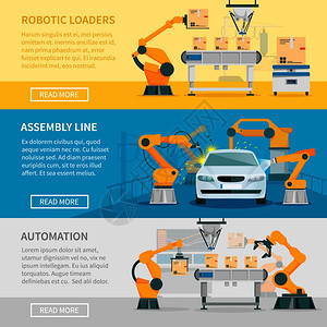 自动化横幅自动化水平横幅装配线机器人装载机符号平隔离矢量插图图片