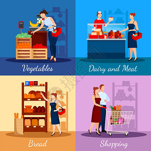 购物icon超市的购物部门超市购物部门用包乳制品肉制品蔬菜水果矢量插图插画